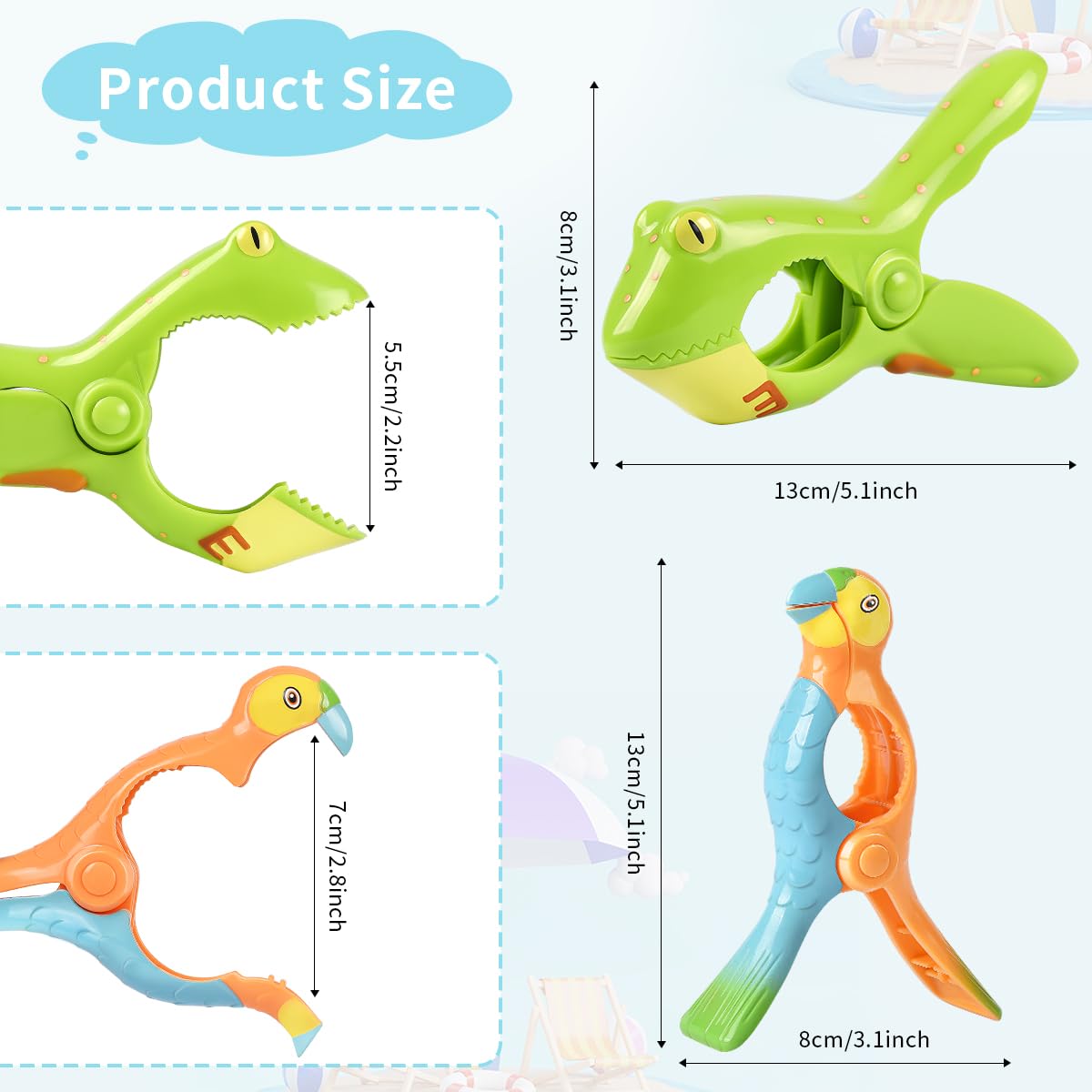 Beach Towel Clips, Sopito Jumbo Size Towel Clips For Beach Chairs Cruise Patio And Pool Accessories, Set Of 4 (Green Orange Frog